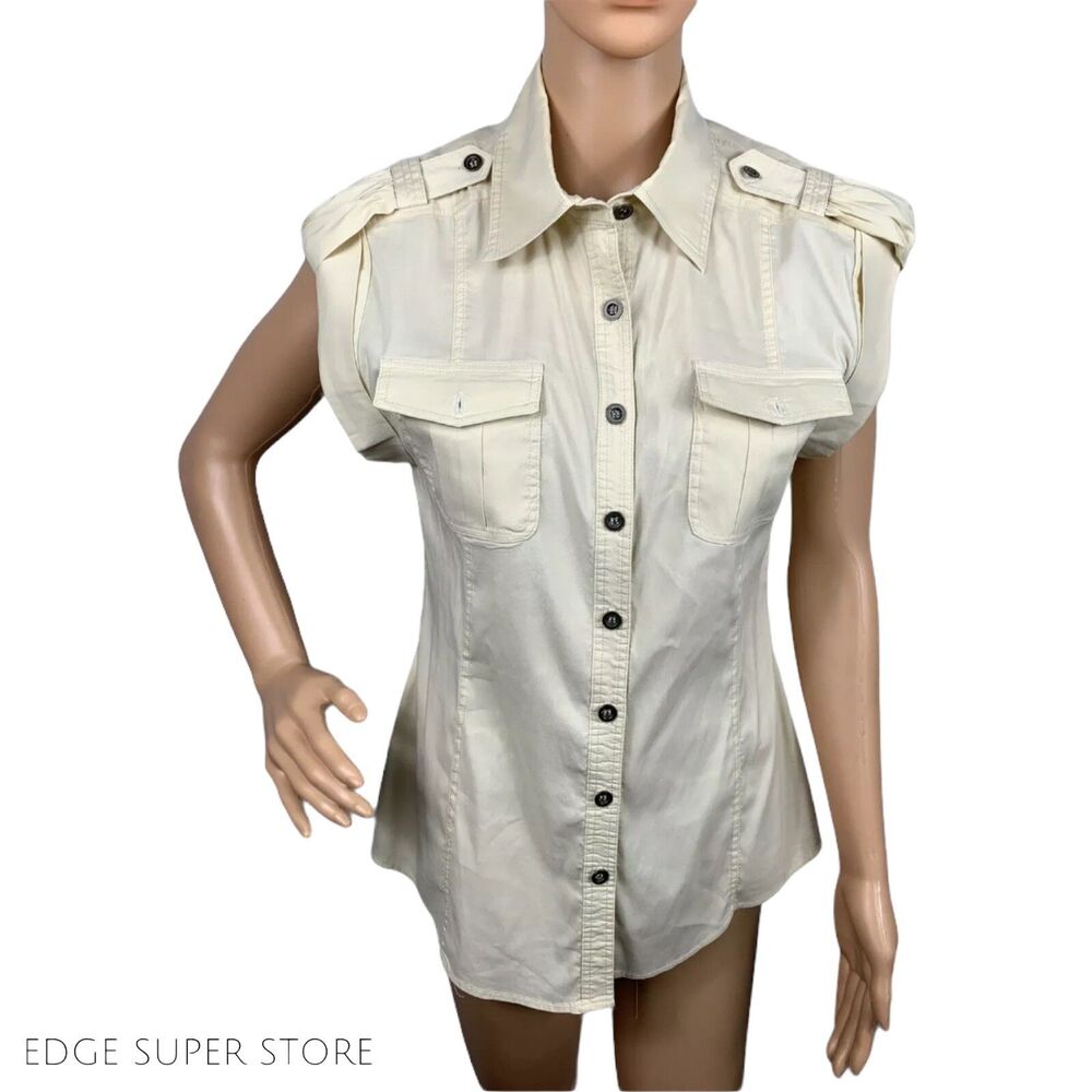 Bailey 44 Beige Tan Pocket Utility Cargo Button Up Front Blouse Top Shirt Small